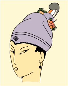 Chinese woman wearing mauve and black Chinese headgear with flowered band and red trimmings. Free illustration for personal and commercial use.