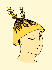 Chinese woman wearing bright yellow hat with vermilion fringe and gold-yellow leaves. Free illustration for personal and commercial use.