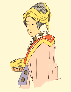 Japanese woman with a cap made up of a band of yellow material folded on the forehead and the top of the head. Somewhat resembling a turban. Free illustration for personal and commercial use.