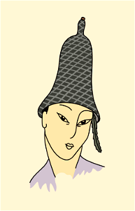 Bell-shaped hat for a mandarin. It is black with a red button. Free illustration for personal and commercial use.