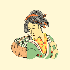 Japanese young woman's head. No hat. The knot of hair at the back of the head is fixed with long pins. A red ribbon maintains the hair above the forehead. Free illustration for personal and commercial use.