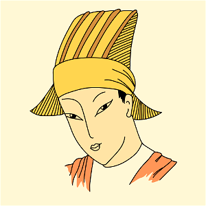 Chinese woman wearing bright yellow roof-shaped hat. Free illustration for personal and commercial use.