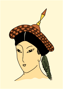 Chinese woman wearing black hat with vermilion crown and green peacock feather. Free illustration for personal and commercial use.