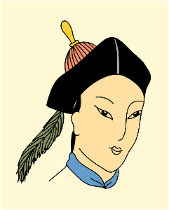 Chinese woman wearing yellow and vermilion hat with green feather. Free illustration for personal and commercial use.