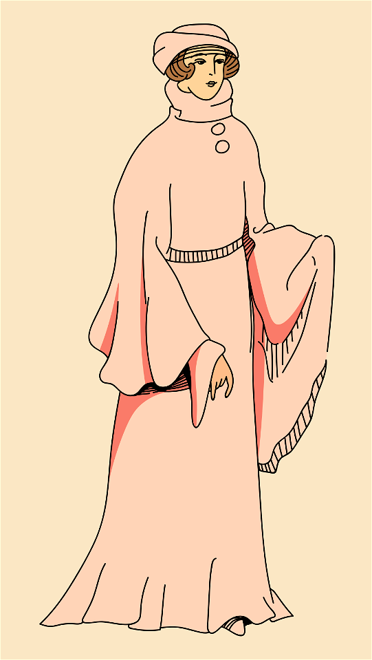 Noblewoman's pale pink mantle with tight sleeves covered with very full godets. Thick collar with two buttons on front. Free illustration for personal and commercial use.