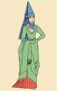 York and Lancaster period. Blue headdress with green dress on red pleats. Free illustration for personal and commercial use.