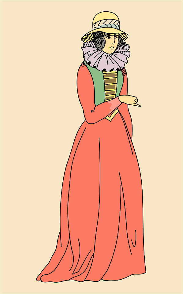 Tudor costume. Red dress with flat green corselet. Gold and black band in front. Free illustration for personal and commercial use.