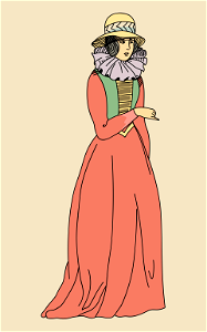 Tudor costume. Red dress with flat green corselet. Gold and black band in front. Free illustration for personal and commercial use.