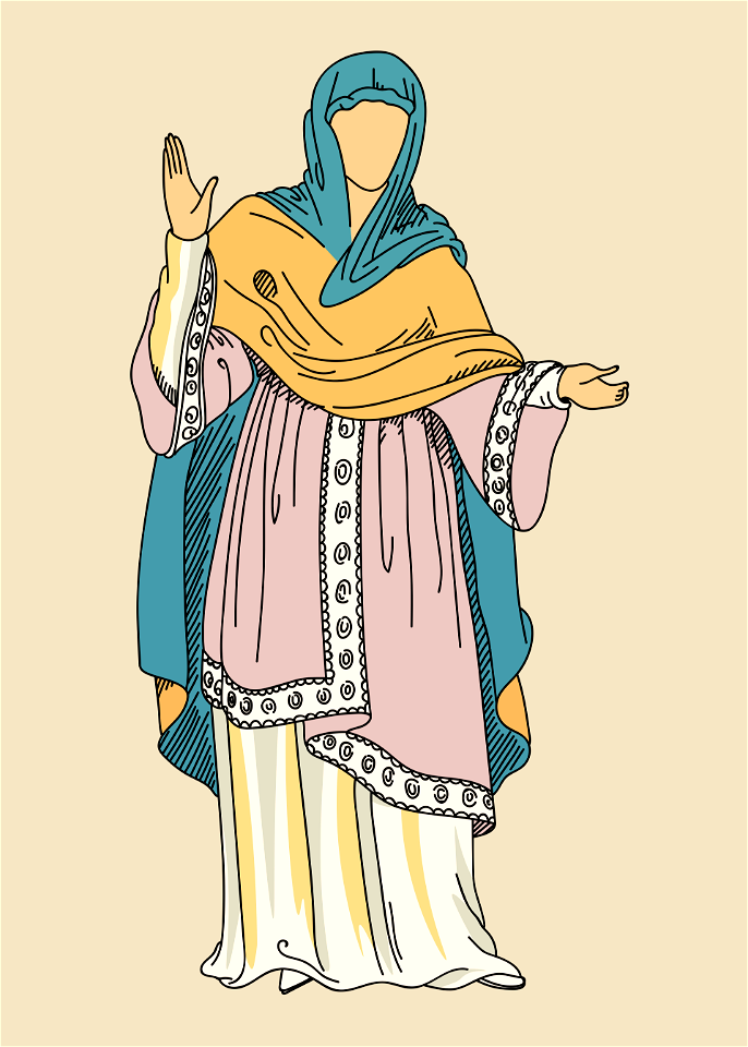 Anglo-Saxon lady wearing Skirt with long tunic covered with sleeveless mantle. Free illustration for personal and commercial use.