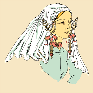 Netherlander in her Sunday headgear veiling her headdress and showing well her forehead. Free illustration for personal and commercial use.