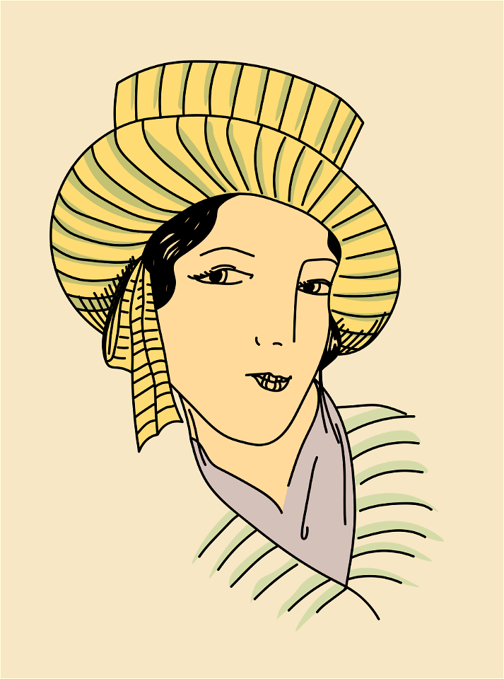 Warttnach headdress (Italian Switzerland). Straw sailor hat tilted to one side. Neckerchief covering the neck. Free illustration for personal and commercial use.