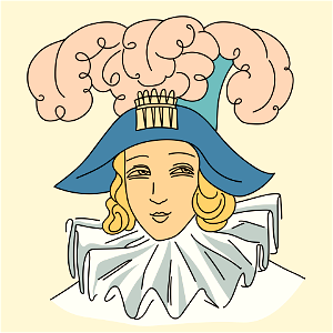 High calotte or crown hidden in front by ostrich feathers held in a pattern positioned in front on the facing on the hat. The brims turned as facings are lowered on each side of the ears. Free illustration for personal and commercial use.