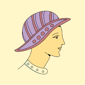 Headdress under Childebert I. This hat original in its form is none the less amusing with its mauve colour and its red stripes and beading. Free illustration for personal and commercial use.