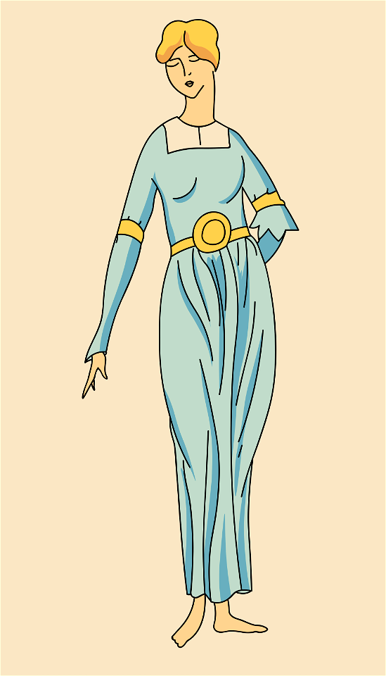Gallo-Roman lady. Bright blue loose robe. Gold trimming. Cerise and gold belt. Inset of robe green. Free illustration for personal and commercial use.