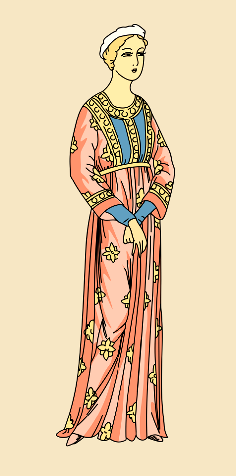 Gallic lady wearing long red robe embroidered with gold flowers. Free illustration for personal and commercial use.