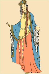 Reign of Clovis. Clotilde in ceremonial dress. Headdress veil falling from the headdress. Free illustration for personal and commercial use.