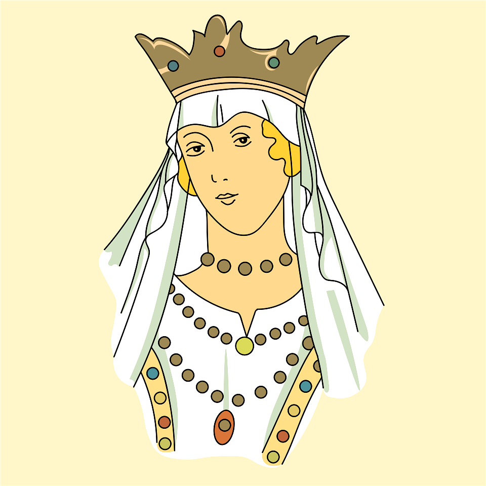 Headband entrusted with stone necklace round the neck and on on chest. This headdress is accompanied by a large white veil. Free illustration for personal and commercial use.