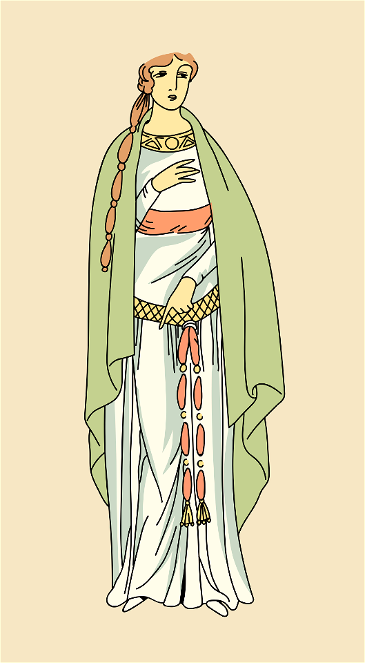 Gallic lady dressed in a robe which is tight to the body and full at the hem with two belts one knotted at the breast and the other lower down and loose fitting. Free illustration for personal and commercial use.