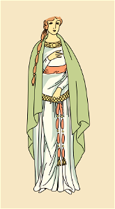 Gallic lady dressed in a robe which is tight to the body and full at the hem with two belts one knotted at the breast and the other lower down and loose fitting. Free illustration for personal and commercial use.