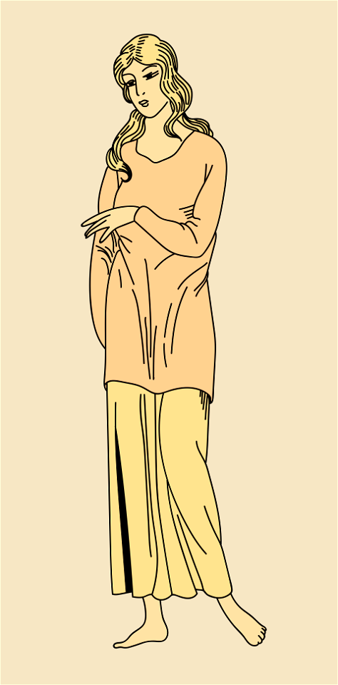Costume of a Gallic lady after an ancient bas-relief. Loose orange-coloured coat over a yellow skirt. Free illustration for personal and commercial use.
