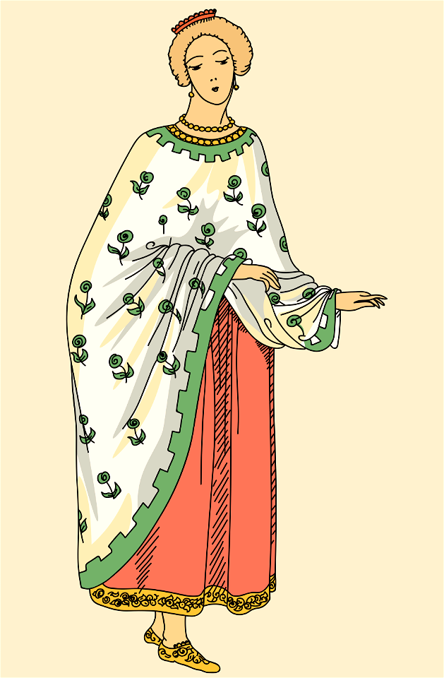 Costume of rich citizeness at the end of the 5th century. Cloak without sleeves. Free illustration for personal and commercial use.