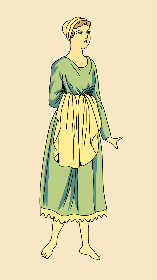 Costume of a Gallic lady according to old basreliefs. Robe green. Free illustration for personal and commercial use.