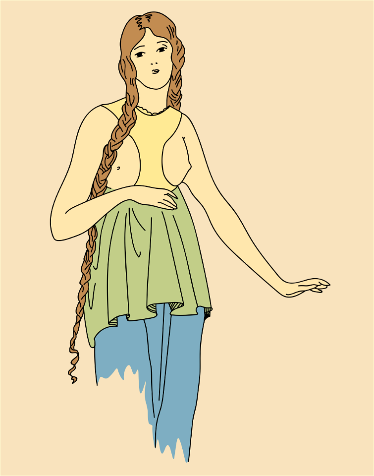 Costume of a Gallic lady with a kind of collar descending to the waist. Long wide blue skirt. Free illustration for personal and commercial use.