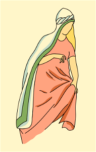 Etruscan headdress consisting of a broad white veil lined with yellow and trimmed with a green band. The dress is cerise. Free illustration for personal and commercial use.