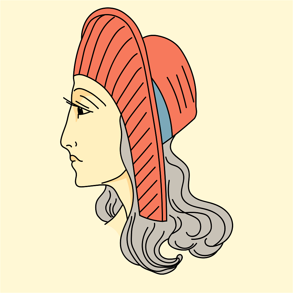 Greek hat wholly covering head. Large brim tucked up in front. Free sides descending towards shoulders. Free illustration for personal and commercial use.