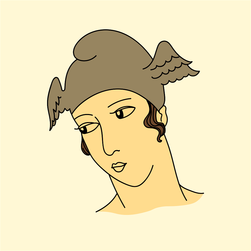 Etruscan lady wearing helmet with gold wings. Free illustration for personal and commercial use.