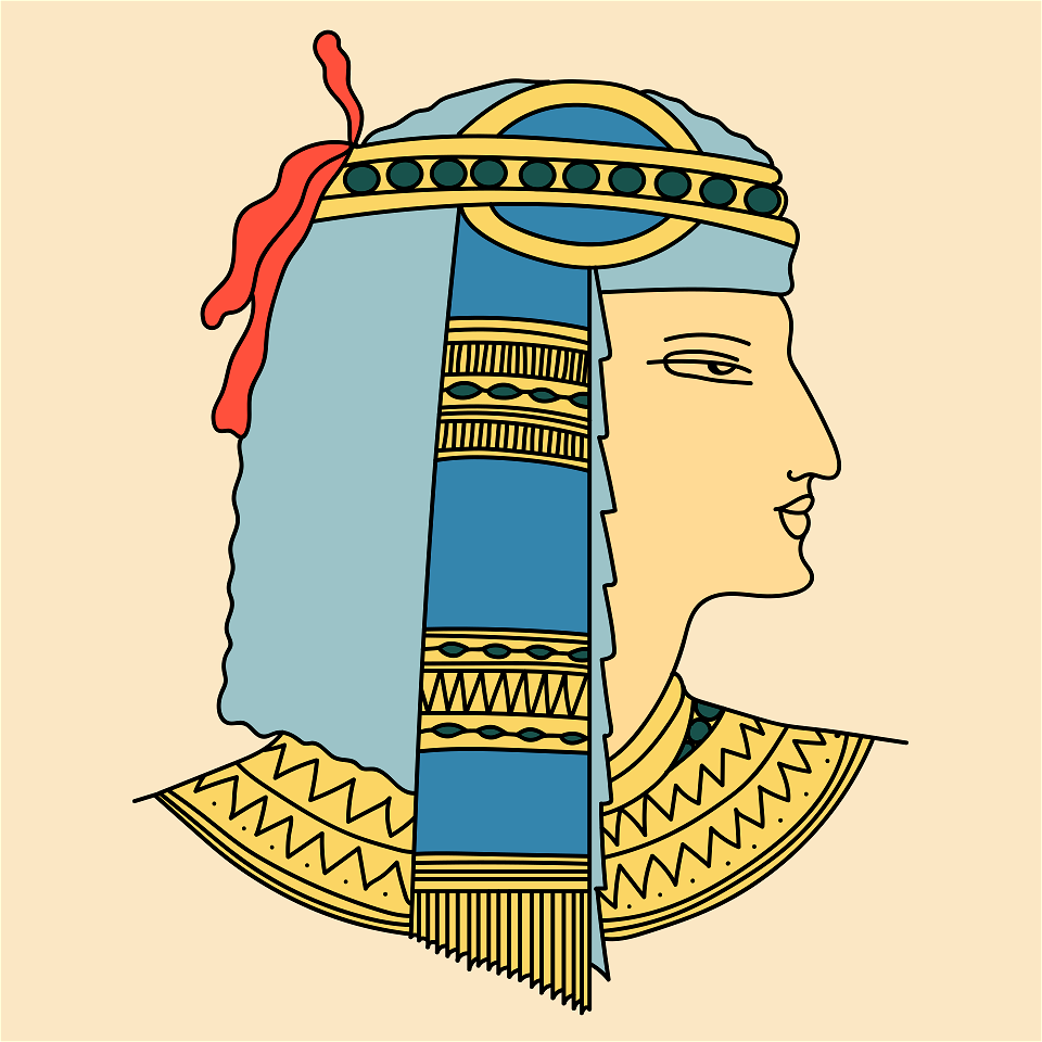 Ancient Egyptian Coiffure of Prince Mantouhichopchof (19th. dynasty). Blue with yellow embroideries adorned with a red ribbon. Collaret. Free illustration for personal and commercial use.