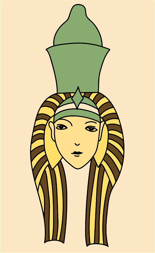 Ancient Egyptian Coiffure of the goddess Ammion. Brown with light yellow stripes and surmounted with a huge ornamentation in the shape of a green dorne. Free illustration for personal and commercial use.