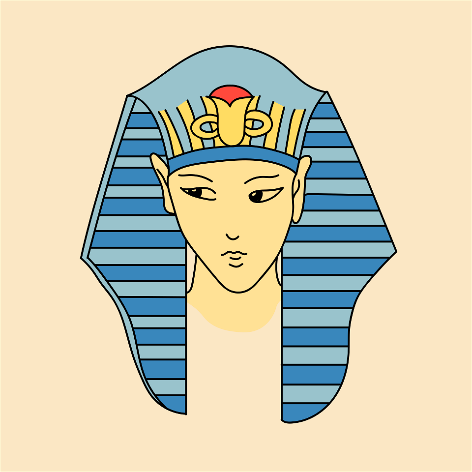 Ancient Egyptian Coiffure of the god Horus with light blue and dark blue stripes. Trimmed with yellow and red embroidery. Free illustration for personal and commercial use.