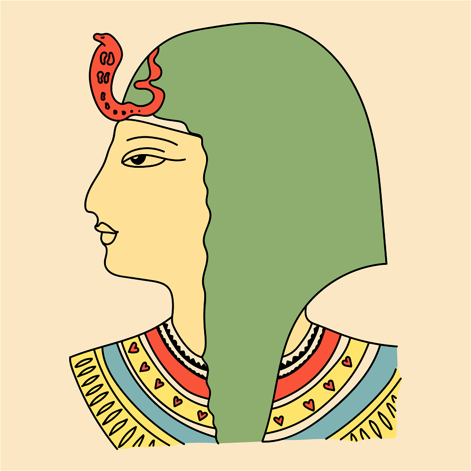 Extract from a stele of Ramses IV Maiamoum. Green coiffure with yellow collaret. Sacred cobra in the front.. Free illustration for personal and commercial use.