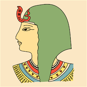 Extract from a stele of Ramses IV Maiamoum. Green coiffure with yellow collaret. Sacred cobra in the front.. Free illustration for personal and commercial use.