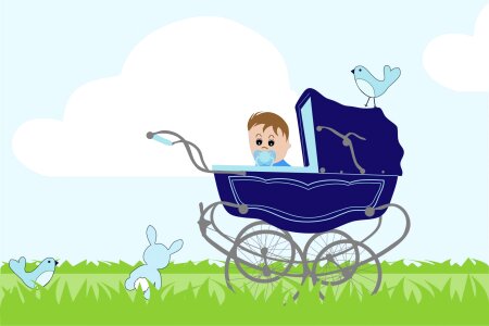 Blue vintage baby carriage. Free illustration for personal and commercial use.