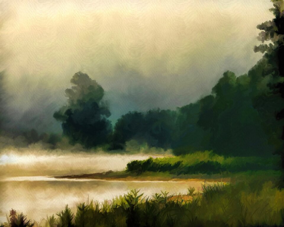 Pond water scape fog. Free illustration for personal and commercial use.