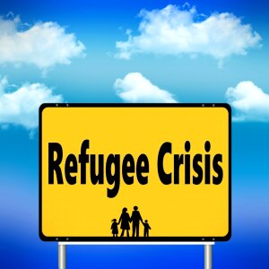Group refugees help. Free illustration for personal and commercial use.