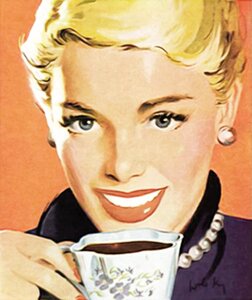 Old fashioned old ads woman drinking coffee. Free illustration for personal and commercial use.