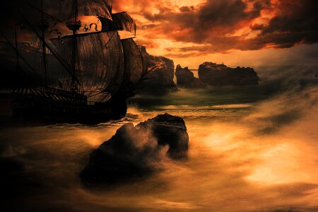 Sea boat sunset. Free illustration for personal and commercial use.