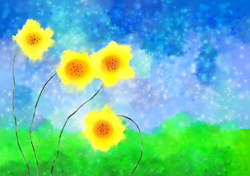 Daffodils spring green. Free illustration for personal and commercial use.