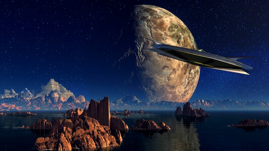 Spaceship planet mountain range. Free illustration for personal and commercial use.