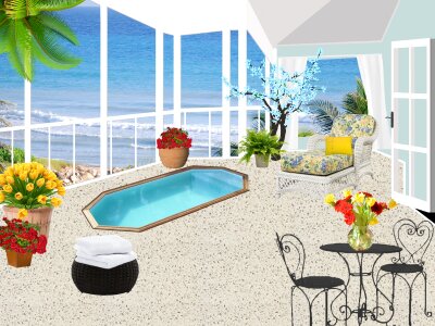 Plants flowering rattan furniture veranda. Free illustration for personal and commercial use.