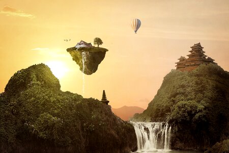 Landscape fantasy waterfall. Free illustration for personal and commercial use.