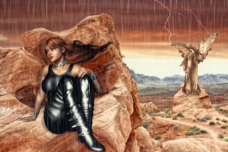 Fantasy girl rain storm desert. Free illustration for personal and commercial use.