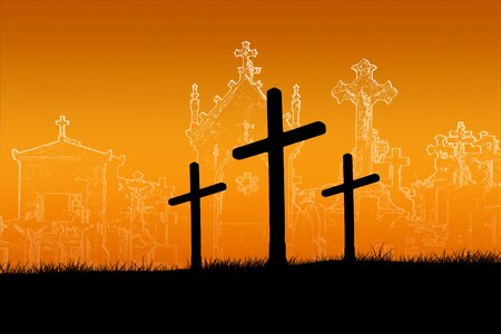 Sunrise cemetery grave stones. Free illustration for personal and commercial use.