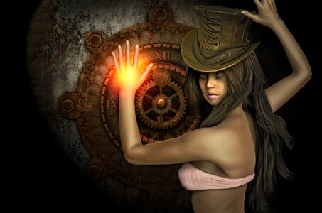 Fantasy girl fantasy steampunk clock. Free illustration for personal and commercial use.