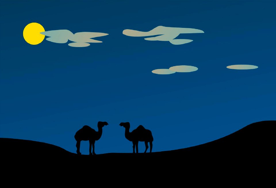 Evening dromedaries camels. Free illustration for personal and commercial use.