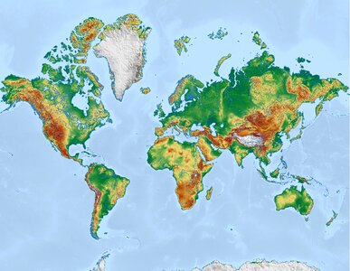 Earth mercator relief map. Free illustration for personal and commercial use.