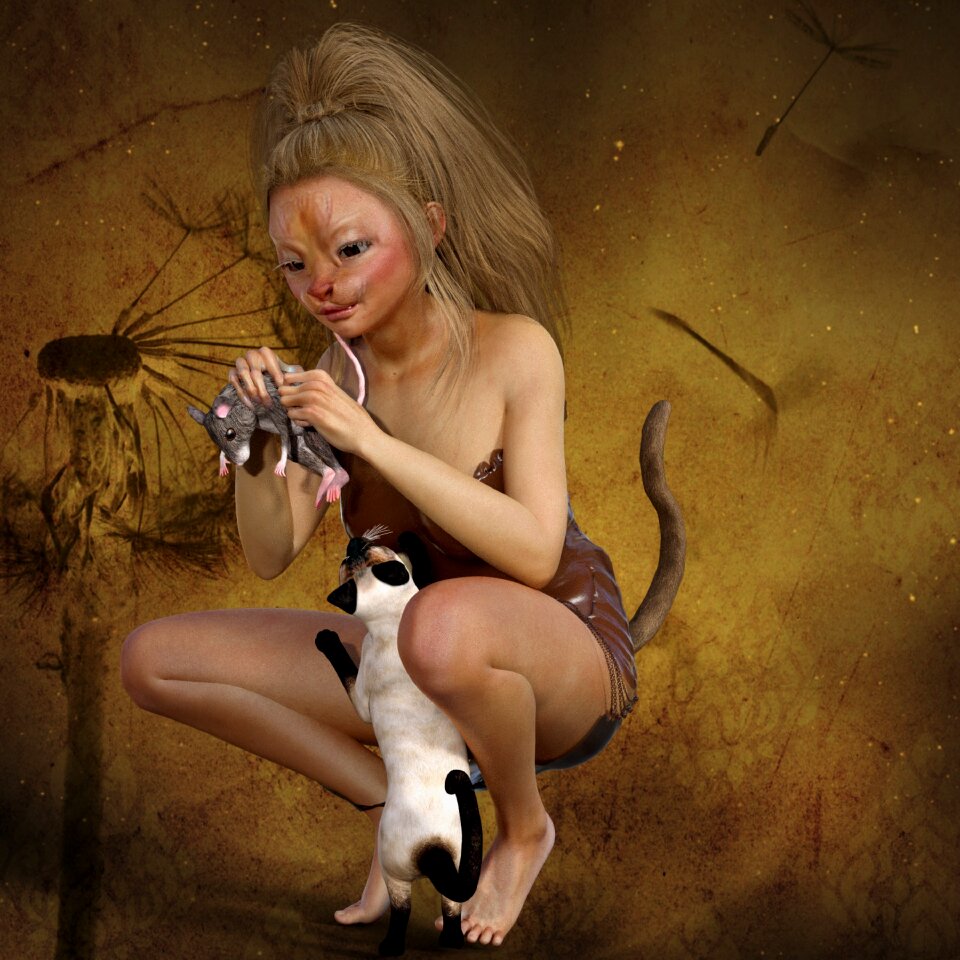 Girl fantasy domestic cat. Free illustration for personal and commercial use.